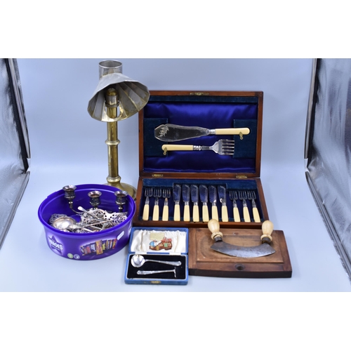 407 - A Mixed Selection To Include Spring Loaded Candlestick, Silver Plated Cutlery Set (In Presentation B... 