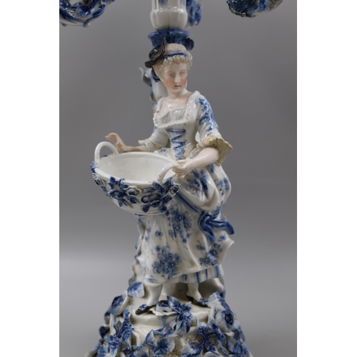 372 - Antique German Sitzendorf Two Piece Porcelain Candlestick Holder Depicting Lady Carrying Basket ( Th... 