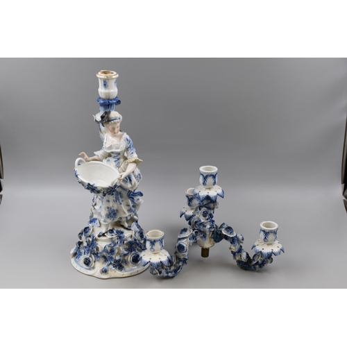 372 - Antique German Sitzendorf Two Piece Porcelain Candlestick Holder Depicting Lady Carrying Basket ( Th... 