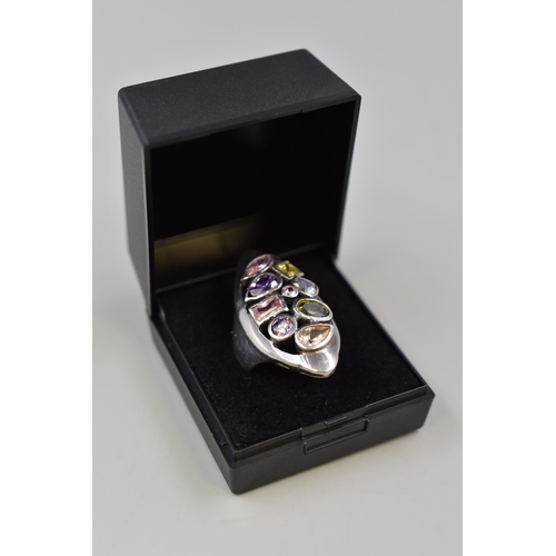 111 - Silver 925 Multi Stoned Ring (Size Q) Complete with Presentation Box