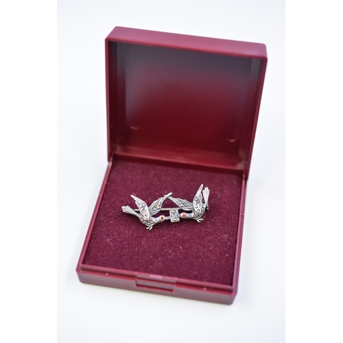 113 - Victorian Silver Marcasite Dove Brooch with Red Gemset Eyes Complete with Presentation Box