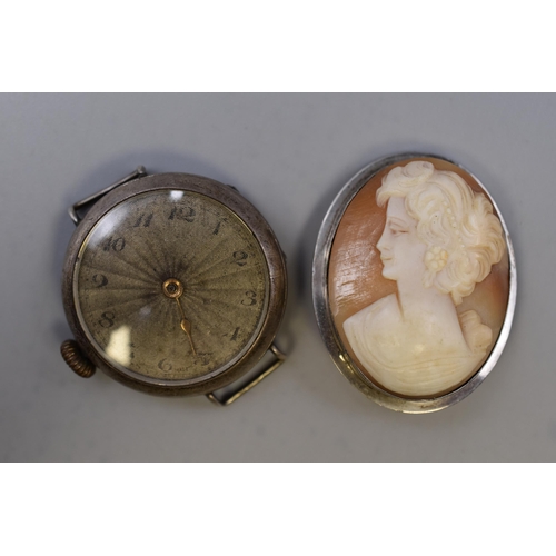 121 - Two Silver Items To Include 800. Silver Cameo Brooch, And 925. Silver Cased Watch (Spares or Repairs... 