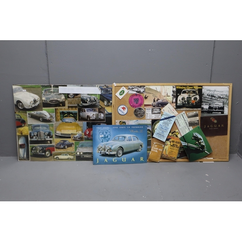 485 - A Selection of Jaguar Memorabilia To Include Tin Plate Advertisement, Collage, And Pieces of Ephemer... 