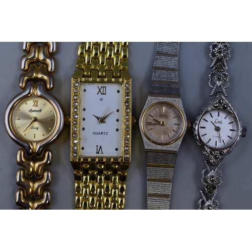 130 - A Selection of Four Ladies Designer Watches To Include Seiko, Ingersoll, Limit 17 Jewels, And Other