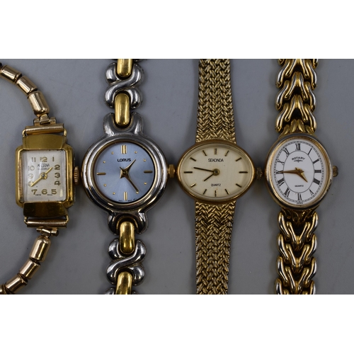 132 - A Selection of Four Ladies Designer Watches To Include 15 Jewels Medana, Sekonda, Rotary, And Lorus