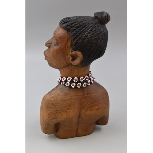 334 - African Hand-Crafted Wooden Bust of a Woman with Beaded Necklace