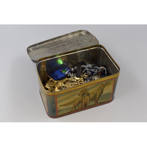 516 - A Vintage Tin Containing A Selection of Assorted Vintage Jewellery. To Include 925. Silver, Carved J... 