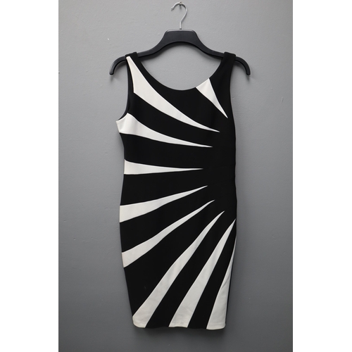 673 - Joesph Ribkoff Black and White Sunburst Bodycon Stretch Pencil Dress (Size 14)