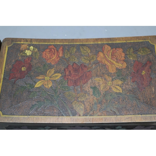 634 - Victorian dark wooden sewing/storage seat box with embossed floral design (14