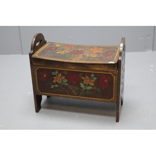 634 - Victorian dark wooden sewing/storage seat box with embossed floral design (14