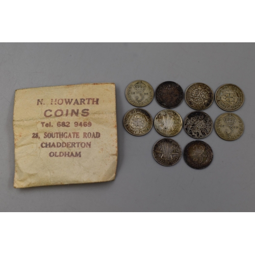 181 - A Selection of Ten Silver Threepence Coins (UK and Australia), Dates 1888-1955