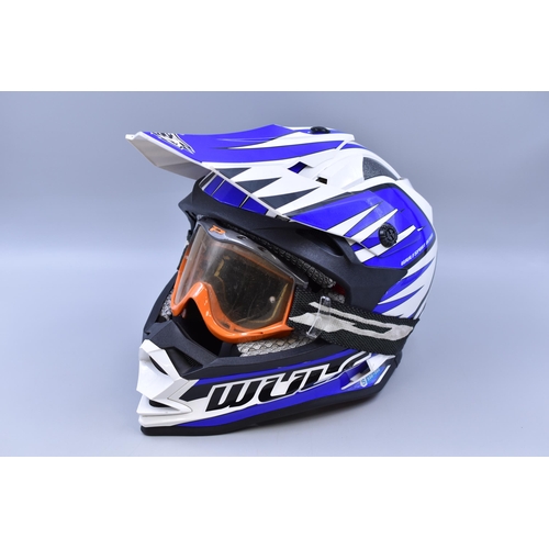 687 - Wulfsport Off Road Pro Motocross Helmet (Blue) with orange pro grip goggles