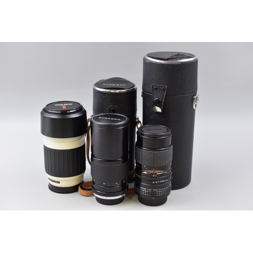 197 - Selection of Film Camera Lenses Including Vivitar Series 1, Sunagor and Sigma complete with 2 cases&... 