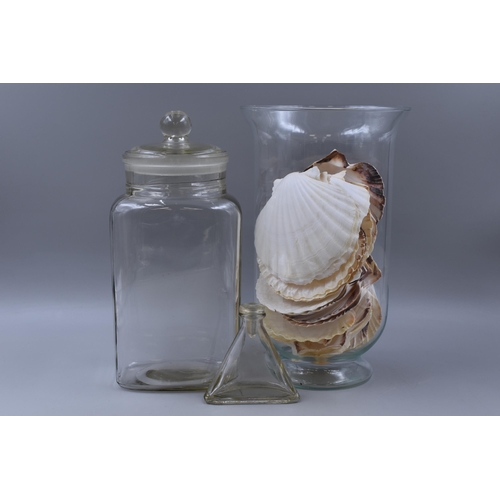 713 - Large Vintage Sweet Jar, Candle Bell, Small Triangular Bottle and 22 Scallop Shell