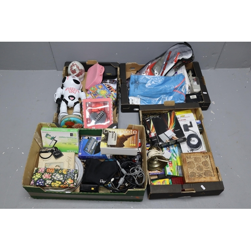 747 - Mixed lot of 4 trays of unsorted items these include french dictionary, sony reader, lots of wires, ... 