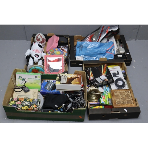 747 - Mixed lot of 4 trays of unsorted items these include french dictionary, sony reader, lots of wires, ... 