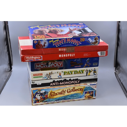 749 - Seven Board Games including Anti-Monopoly (Contents Unchecked)