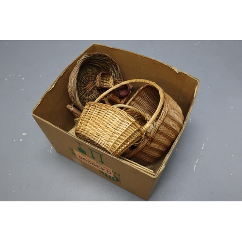 762 - A Selection of Various Wicker Items To Include Baskets, Miniature Watering Can, Placemats, And More