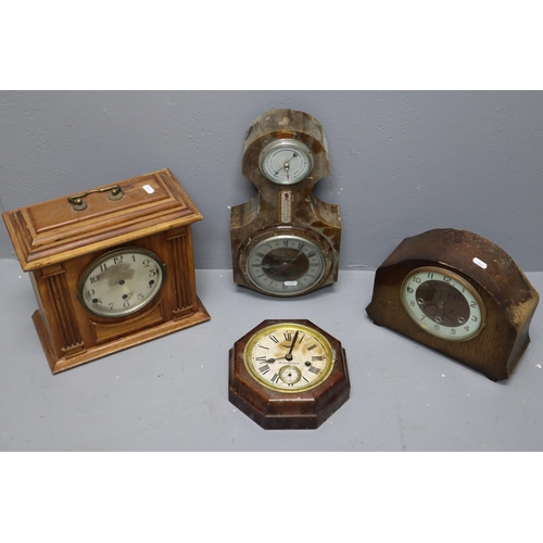 759 - Mixed lot of 4 wooden clocks 2 mantle clocks one is a smiths and 2 wall clocks one is a seth thomas ... 