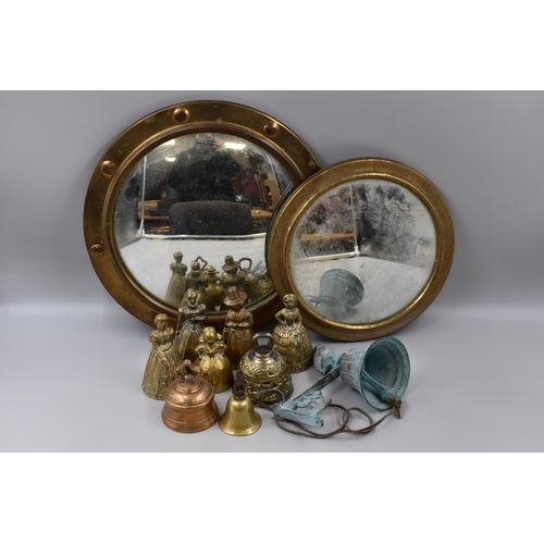 733 - Two Convex Porthole Mirrors, With A Selection of Collectable Brass Bells