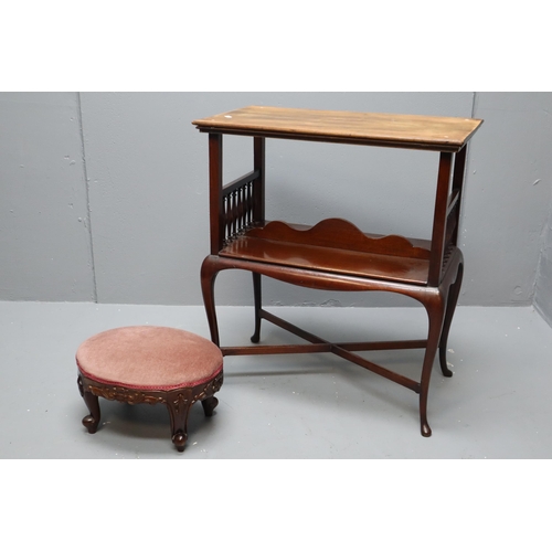 629 - A Vintage Wooden Two Tier Occasional Table, With Velour Topped Art Nouveau Style Footstool. Table is... 