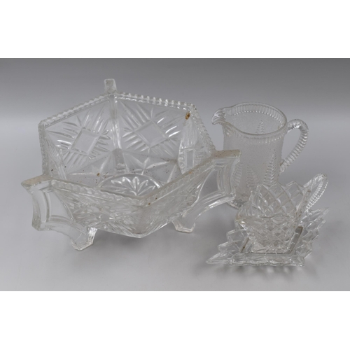 455 - Three Pieces of Art Deco Style Pressed Glass To Include Hexagonal Three Handled Bowl, Leaf Design Ju... 