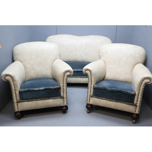 659 - Mid Century Compact Country Cottage Sized Three Piece Settee in Re-Upholstered Condition Finished wi... 