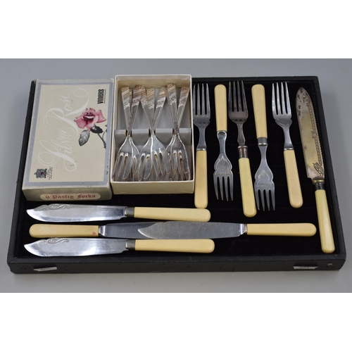 127 - Selection of Cutlery including Silver Banded, and a Boxed Set of Viners Pastry Forks