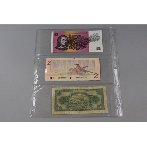 147 - Three Bank Notes including Australian $5, Canada $2 and Ethiopian $1