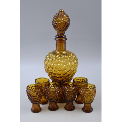 351 - An Amber Glass Bubble Effect Decanter, With Set of Six Matching Glasses. Decanter is Approx 11.5