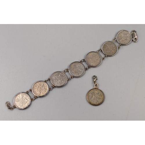 200 - Silver 925 Coin Bracelet (Coins not Silver) Complete with Matching Pendant