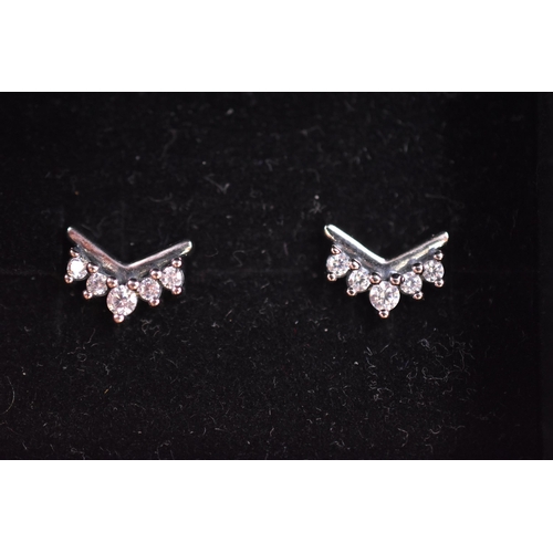 64 - A Pair of Pandora 925. Silver Wishbone Stud Clear Stoned Earrings, In Presentation Box