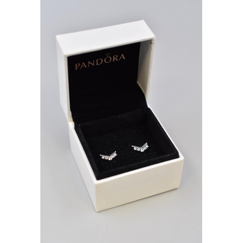 64 - A Pair of Pandora 925. Silver Wishbone Stud Clear Stoned Earrings, In Presentation Box