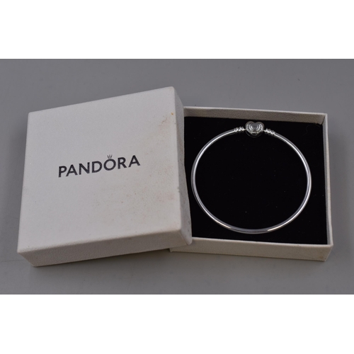 66 - A Pandora 925. Silver Heart Clasped Bangle, In Presentation Box