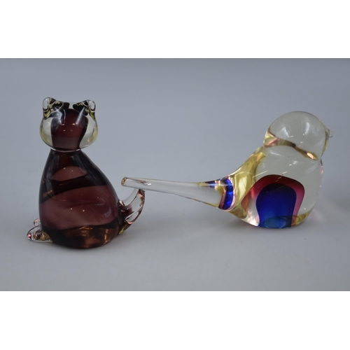 221 - Two Hand Blown Glass Murano Inspired Art Cat and Bird Paperweights