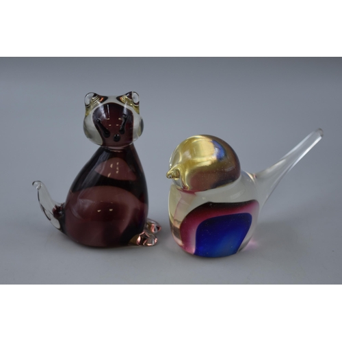 221 - Two Hand Blown Glass Murano Inspired Art Cat and Bird Paperweights