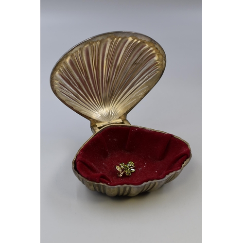 247 - Large Clam Shell Jewellery Box with Velvet Lining and Green Stoned Brooch