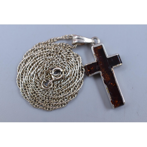 257 - Sterling Silver Amber Cross Pendant Necklace