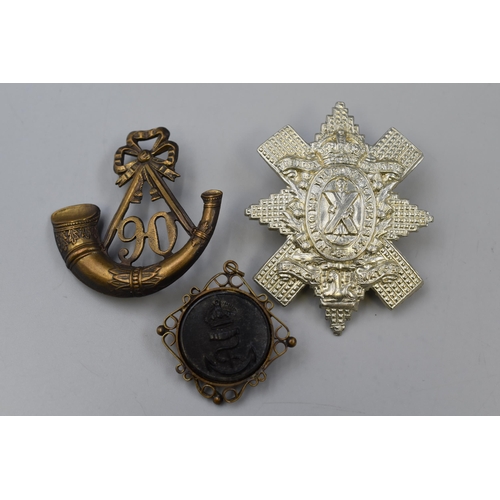 304 - Three Military Badges Including Navy Anchor Brooch, 90th Regiment of Foot Perthshire Regiment and Th... 