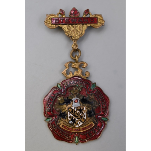 315 - Royal Masonic Benevolent Institution Stewards Enamel Medal/Jewel 1960