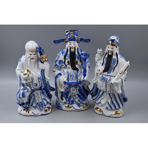 322 -  Set of Three Blue and White Chinese Deity Figures, Approx 13