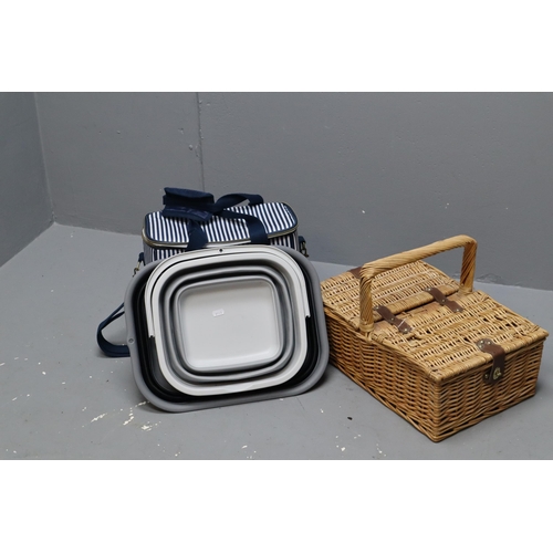 896 - A Selection of Caravan Items To Include Folding Wash Bowl, Folding Bucket, Picnic Set, And Wicker Pi... 