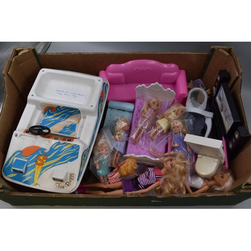 874 - A Selection of Vintage Barbie and Sindy Dolls and Accessories To Include Sindy Fun Buggy, Various Do... 