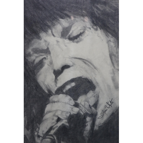 466 - Two Framed and Glazed Original Charcoal on Paper Portraits of Rolling Stones Bandmembers (Mick Jagge... 