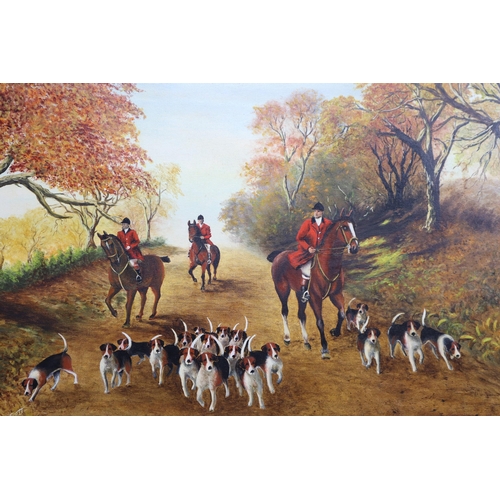 513 - S Gott 1960s Oil on Board depicting Hunting Scene in Gilded Wood Framed Mount (30