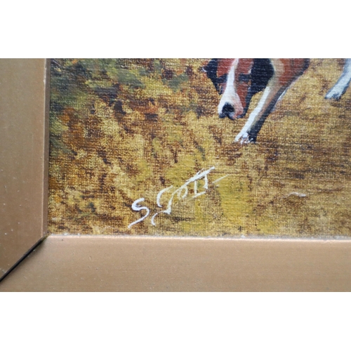 513 - S Gott 1960s Oil on Board depicting Hunting Scene in Gilded Wood Framed Mount (30