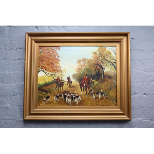 513 - S Gott 1960s Oil on Board depicting Hunting Scene in Gilded Wood Framed Mount (30