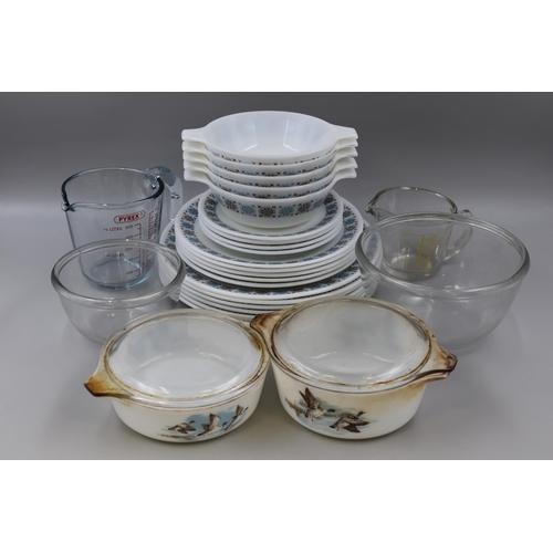 Large Mixed Lot of Vintage Pyrex to include Chelsea Milk Glass Plates and Bowls Sets, Lidded Tureens, Mixing Bowls and Measuring Jugs