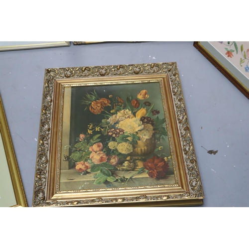 889 - Mixed lot of wall pictures with frames these include mainly flower arrangements and one has a boat o... 