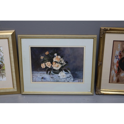 889 - Mixed lot of wall pictures with frames these include mainly flower arrangements and one has a boat o... 